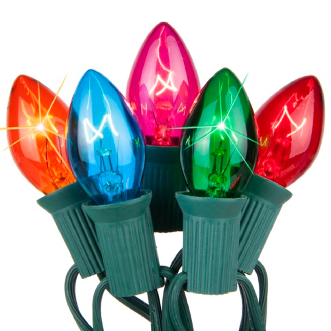 C7 Multi: Red, Blue, Amber, Green, Pink Transparent Twinkle 25 Set, Green Wire